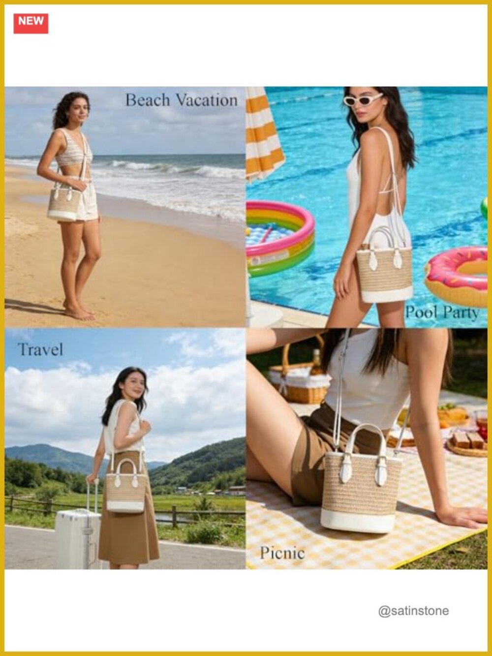 Straw Bucket Bag with Crossbody Strap, Summer Beach Purse - Picture 7 of 7